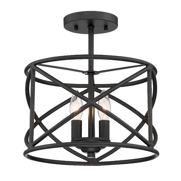 Hastings 13.5 in. 2-Light Oil Rubbed Bronze Modern Entryway Semi-Flush Mount with Open Cage Design
