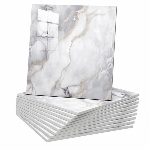 11.8 in. W x 11.8 in. H 10-Piece Marble Peel and Stick Backsplash Tile, Glue Up Back Shower Wall Panels in Gray White