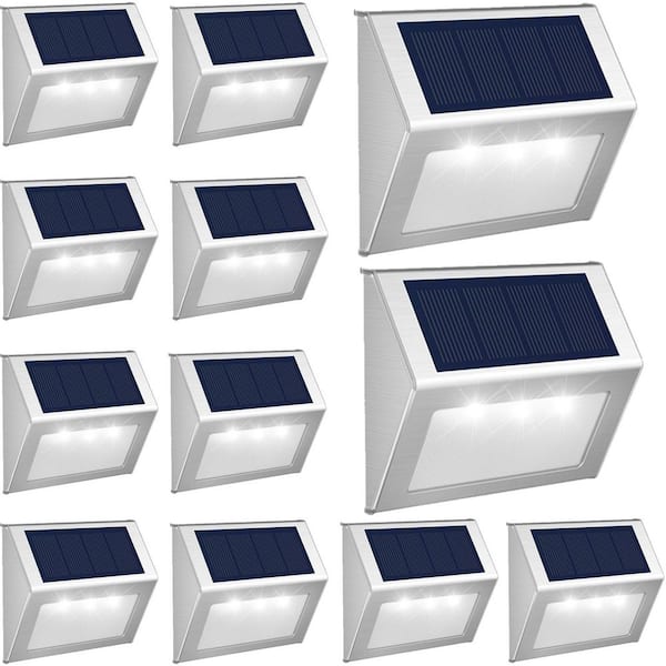 12-Pack Solar Powered Waterproof Outdoor Fence Lights Stairs Light, Stainless Steel Security Wall Lamps - Cool White