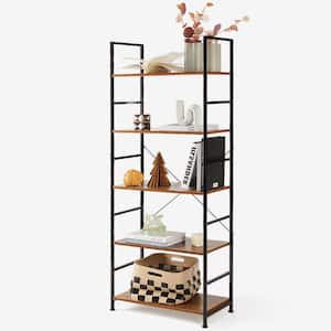 23.6 in W x 62.2 in. H Rust Wood 5-shelf Vintage Storage Rack Bookcase with Open Back and Metal Frame