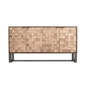 Siti 68 in. Medium Brown Teak Wood 4-Door Storage Cabinet with Hand Laid Solid Teak 2-Tone Tile Door Facades Metal Base