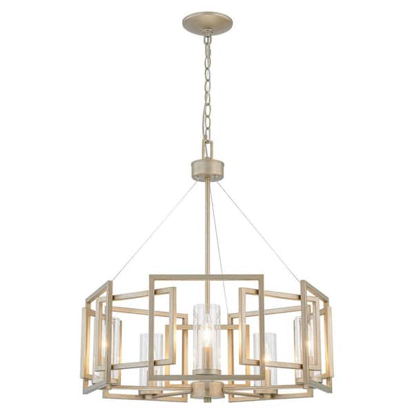 Mackenzie 5-Light Industrial Vintage Brushed Champagne Gold Drum Large Chandelier with Clear Glass Shade