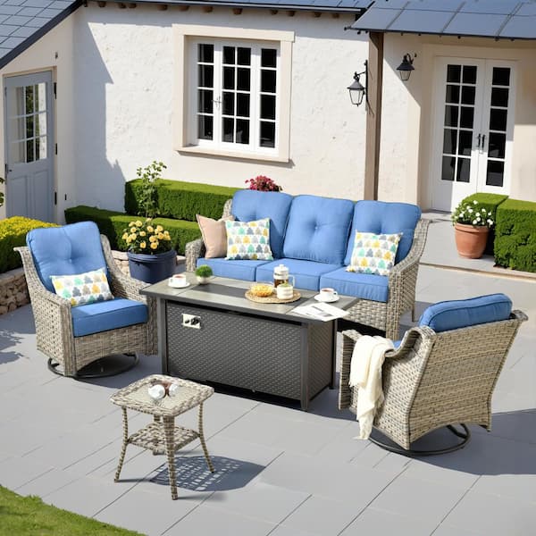 Toject Eureka 5-Piece Wicker Patio Conversation Sofa Seating Set with Metal Fire Pit Table and Blue Cushions