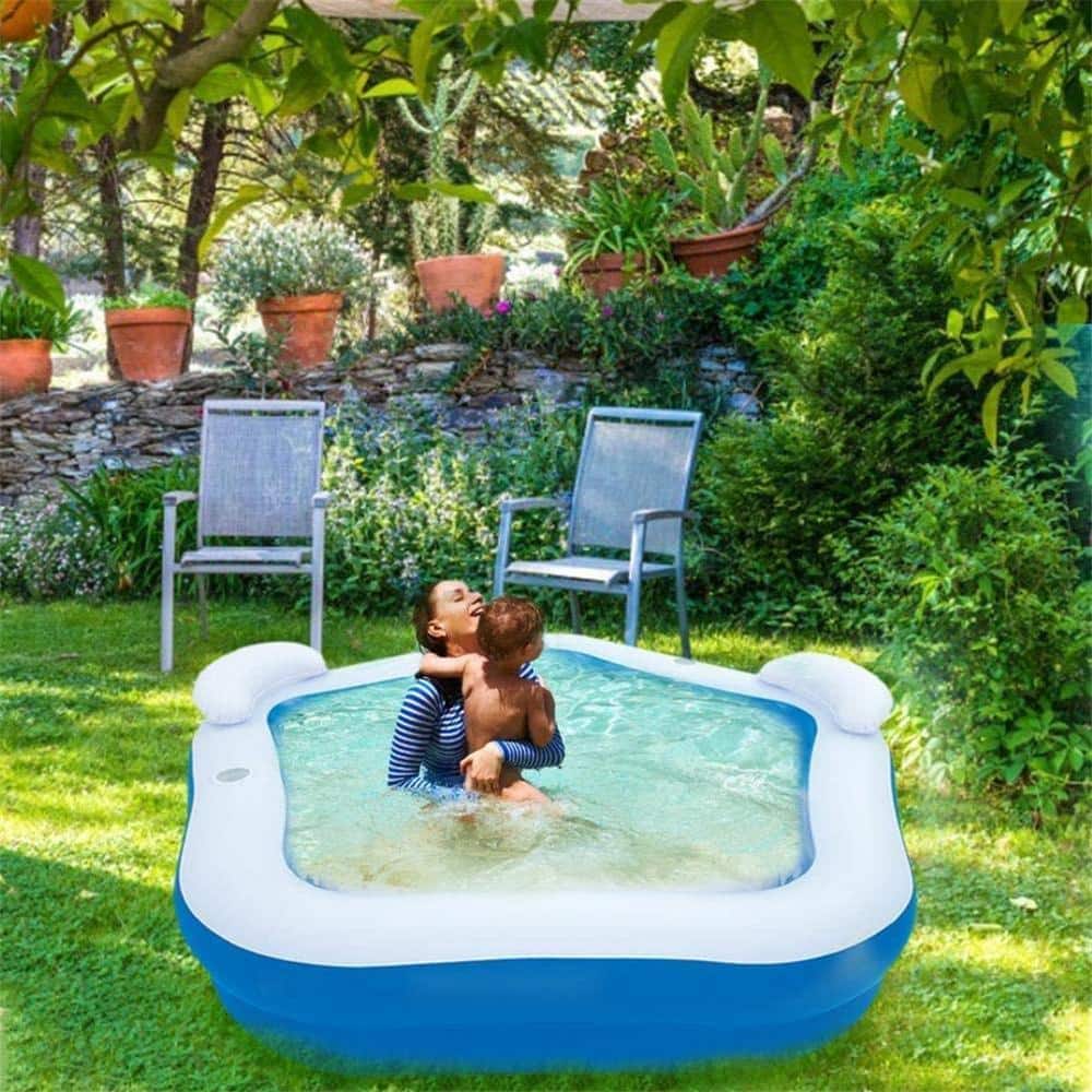 Blue and White Rectangular Inflatable Pool with Headrest and Cup Holder