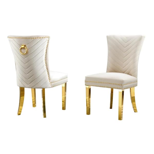 Best Quality Furniture Julie Cream Velvet Fabric Gold Stainless Steel Legs Side Chair (2-Chairs Included)