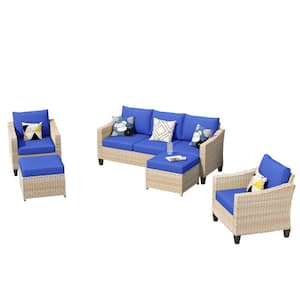 Barkley Beige 5-Piece Outdoor Patio Conversation Sofa Seating Set with Navy Blue Cushions