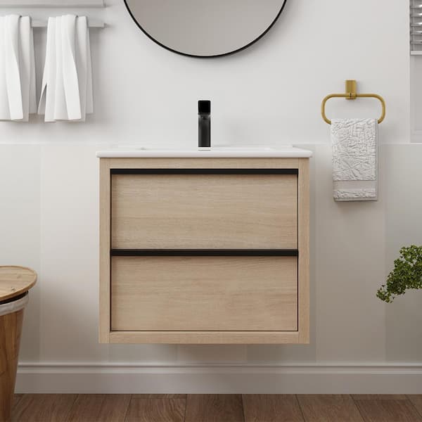 MYCASS 24.00 in. W x 18.31 in. D x 21.25 in. H Floating Bath Vanity in Plain Light Oak with White Ceramic Top