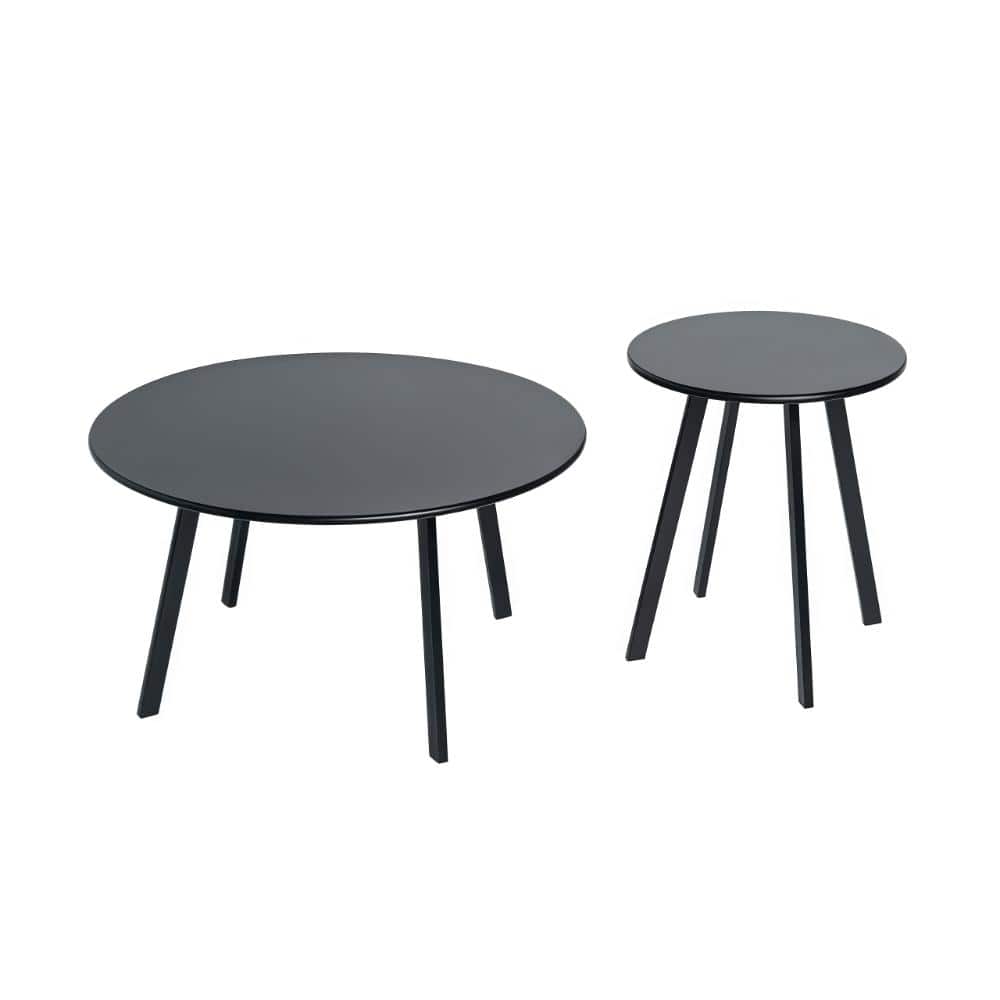 2-Piece Round Nesting Coffee Table Set, Modern Black Metal Side & End Tables, Indoor & Outdoor Use