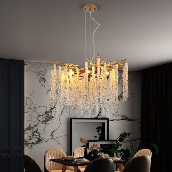 Gloweer 23.6 in. 8-Light Modern Golden Pendant Light with Cascading Crystal Strands, Ideal, No Bulb