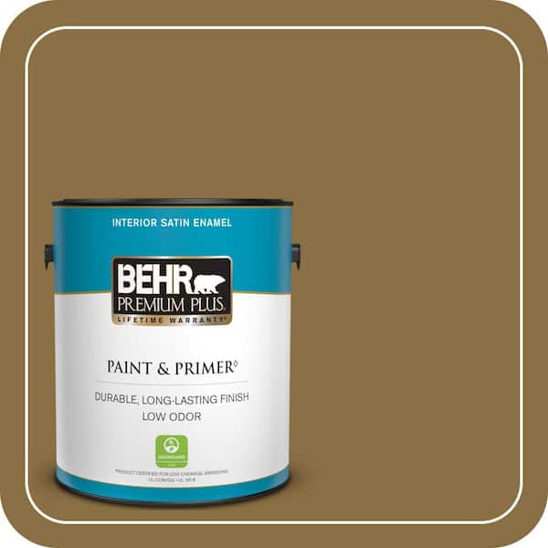 BEHR PREMIUM PLUS 1 gal. #330F-7 Nutty Brown Satin Enamel Low Odor Interior Paint & Primer