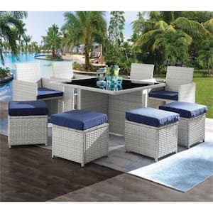 White 9-Piece Wicker Patio Outdoor Dining Set with Blue Cushion, Dining Table, Arm Chairs and Armless Ottomans