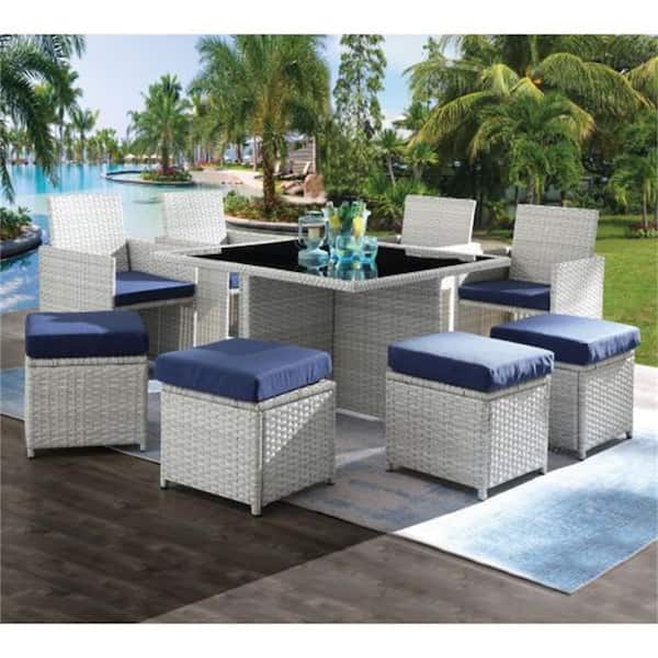 Afoxsos White 9-Piece Wicker Patio Outdoor Dining Set with Blue Cushion, Dining Table, Arm Chairs and Armless Ottomans