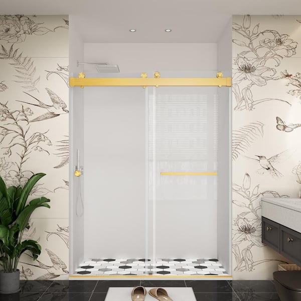 YINVANI 60 in. W x 72 in. H Double Sliding Frameless Soft Close Bypass Bath Shower Door in Brushed Gold with 3/8 in. Clear Glass