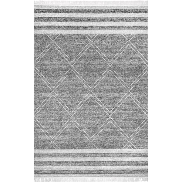 Gray and White Striped Outdoor Rug, Cotton, 3'x5' Under Mat Rug