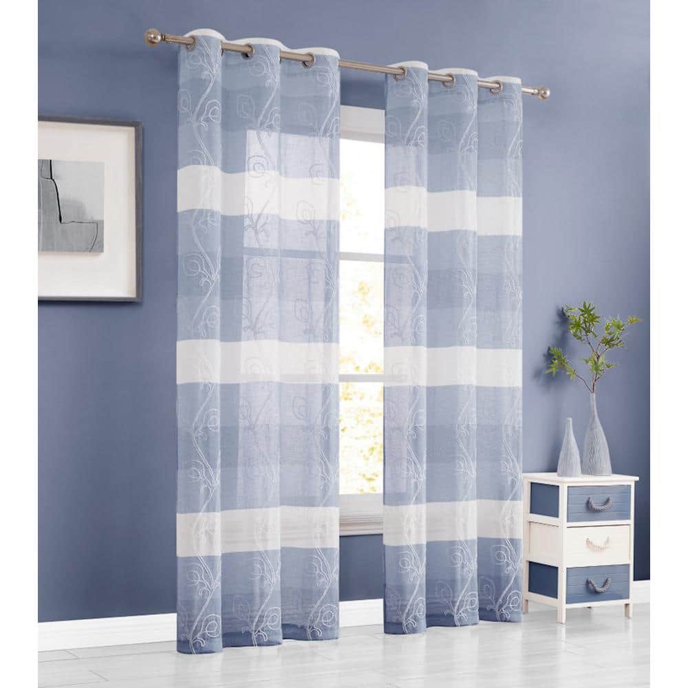 Silvia 76 in. W x 96 in. L Embroidered Sheer Floral Window Curtain in Blue