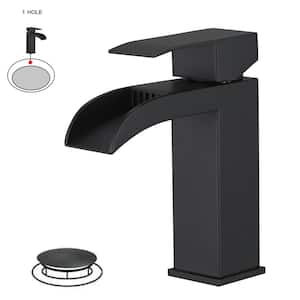 Waterfall Single Handle Single Hole Modern Bathroom Faucet With Pop up Drain Drip-Free Vanity Sink Faucet in Matte Black