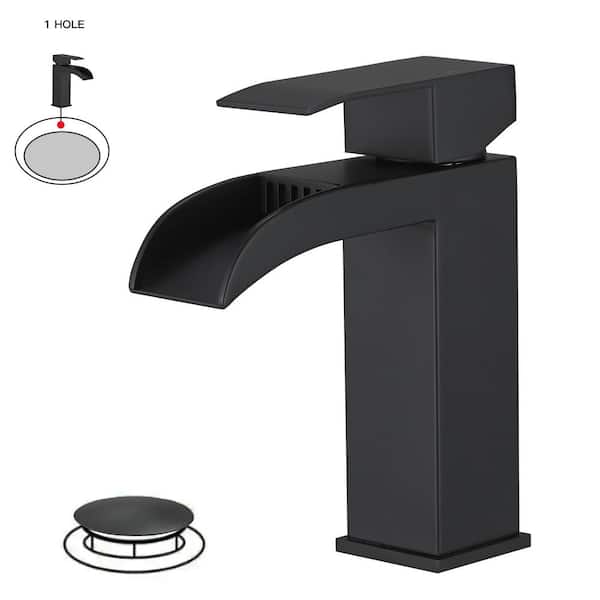 BWE Waterfall Single Handle Single Hole Modern Bathroom Faucet With Pop up Drain Drip-Free Vanity Sink Faucet in Matte Black