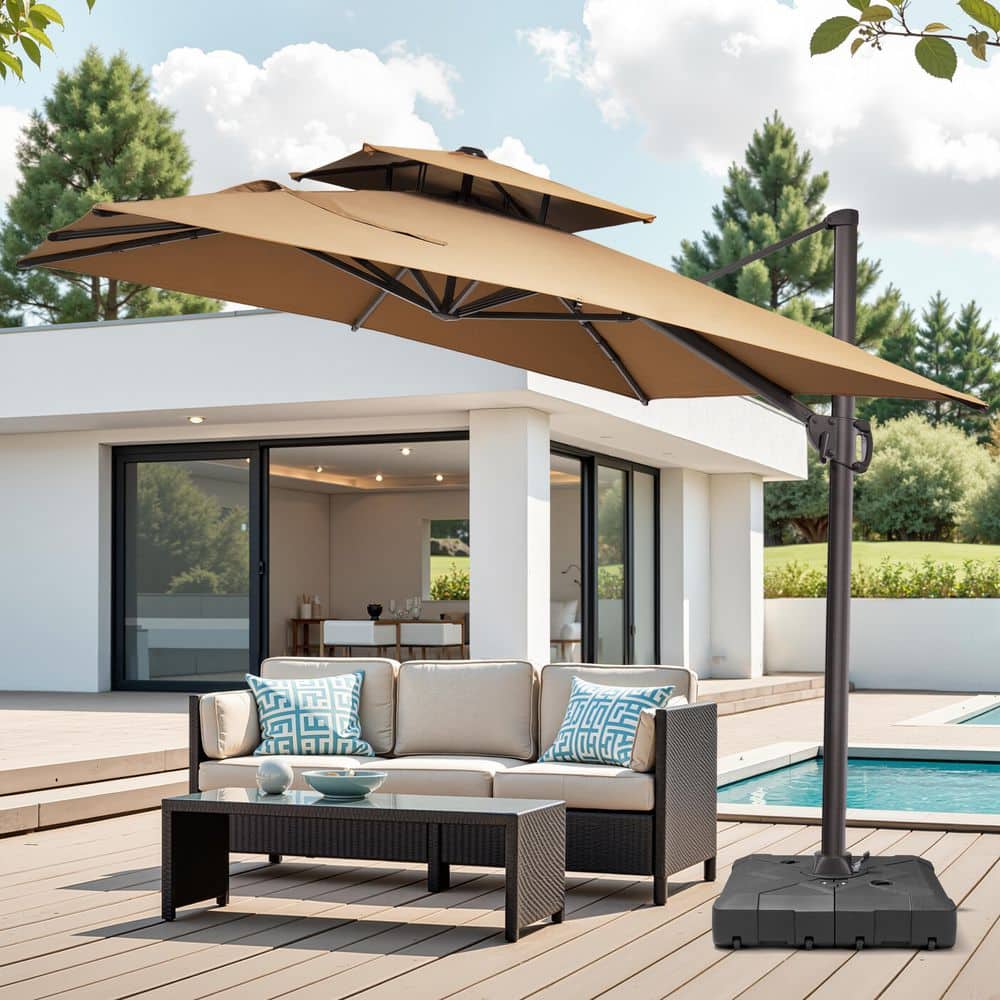 Double Top 10 ft. Square Cantilever Patio Umbrella Offset 360° Rotation Umbrella in Tan with 260 lbs. Umbrella Base price history on PriceWatchPro