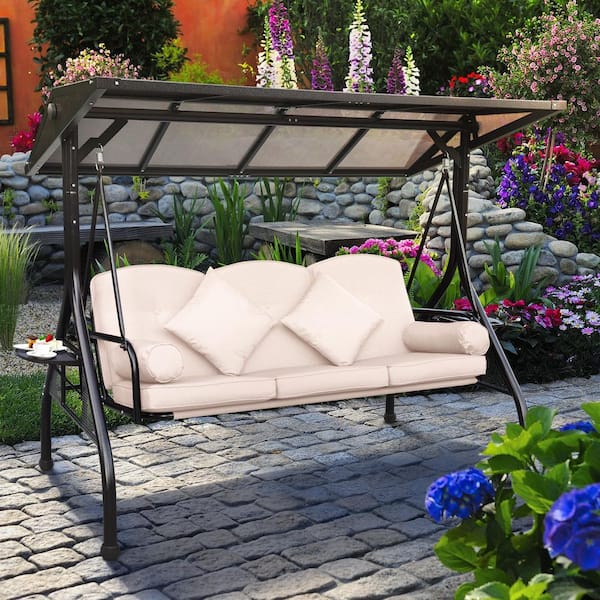 NOBLEMOOD Outdoor Metal Porch Swings with Adjustable PC Canopy, Cushions, Foldable Cup Holders and Pillows, Khaki