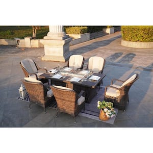 Chris Brown 7-Piece Wicker Aluminum Tabletop Rectangular Outdoor Gas Fire Pits Sectional Seating Set with Beige Cushion