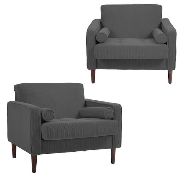 Uixe Mid-Century Modern Gray Corduroy Fabric Upholstery Arm Chair with Wood Legs (Set of 2)
