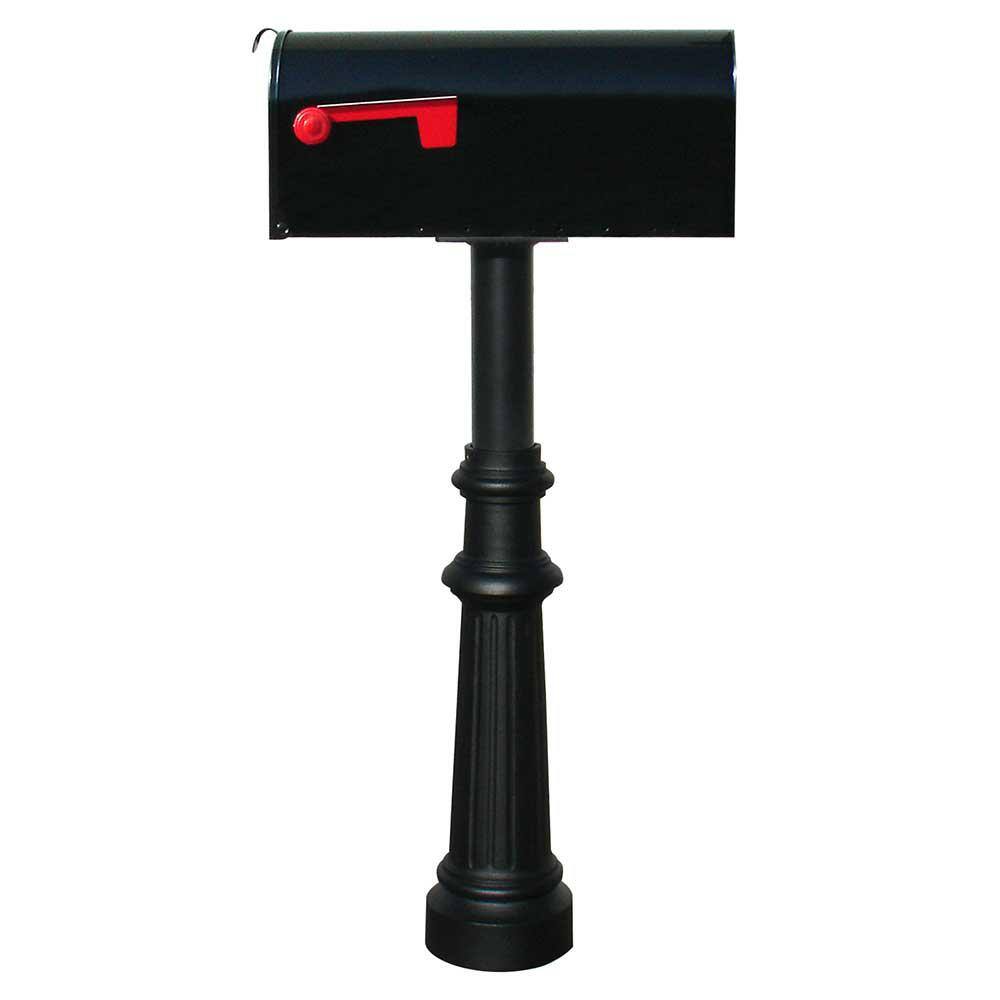 Hanford Single Black Post System Non-Locking Mailbox with Fluted Base and E