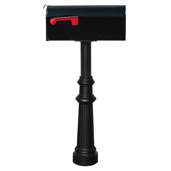 Unbranded Hanford Single Black Post System Non-Locking Mailbox with Fluted Base and E1 Economy Mailbox