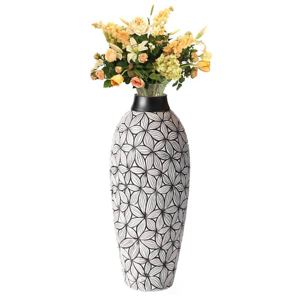 Uniquewise Unique Classic Style Flower Design Round Table Vase for Entryway Dining or Living Ceramic White QI004035 - Home