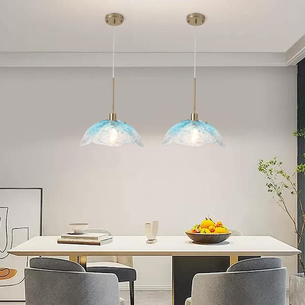 1 Light Brass Frame Industrial Hanging Pendant Light Chandelier with Blue Glass Shade