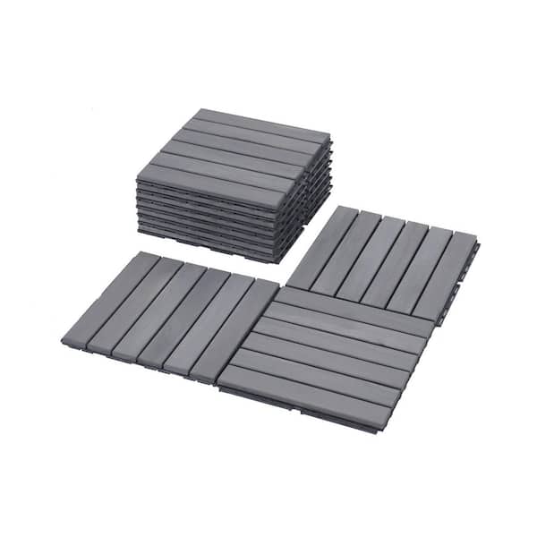 12 in. x 12 in. Square Acacia Wood Striped Pattern Patio Interlocking Deck Tiles, Light Gray (10-Pieces)