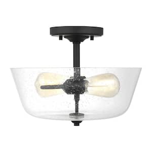 Belton 15 in. 2-Light Midnight Matte Black Semi-Flush Mount with Clear Seeded Glass Shade