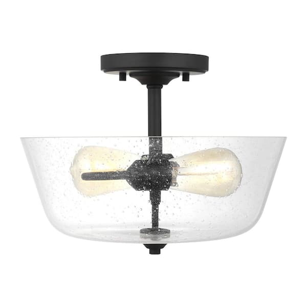 Generation Lighting Belton 15 in. 2-Light Midnight Matte Black Semi-Flush Mount with Clear Seeded Glass Shade