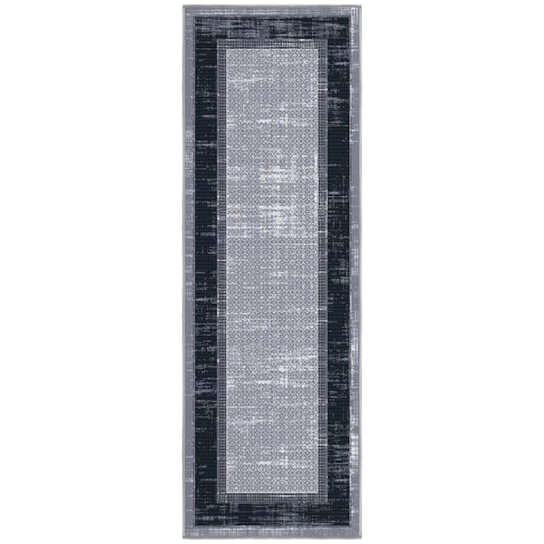 Ottohome Collection Gray/Navy 20 in. x 59 in. Modern Bordered Design Nylon Area Rug