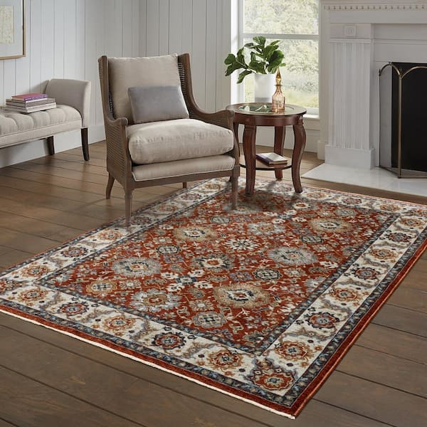 Ambrose Red/Ivory 7 ft. x 10 ft. Oriental Floral Medallion Polyester Fringe Edge Indoor Area Rug
