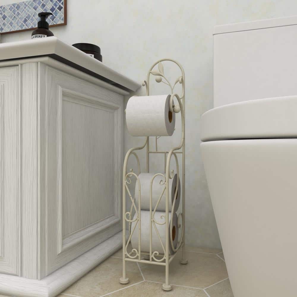 Ivory White Metal Freestanding Toilet Paper Holder with Scroll Design