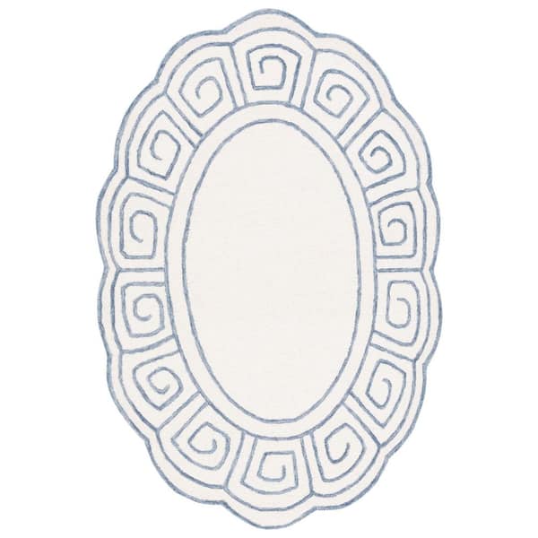 Novelty 6 ft. x 9 ft. Ivory/Blue Swirl Border Oval Area Rug