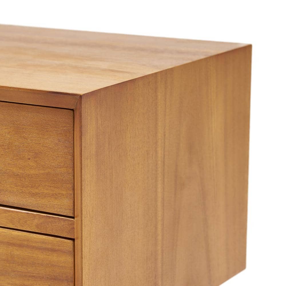 Natural Brown Acacia Wood Mid-Century Nightstand with Two Drawers