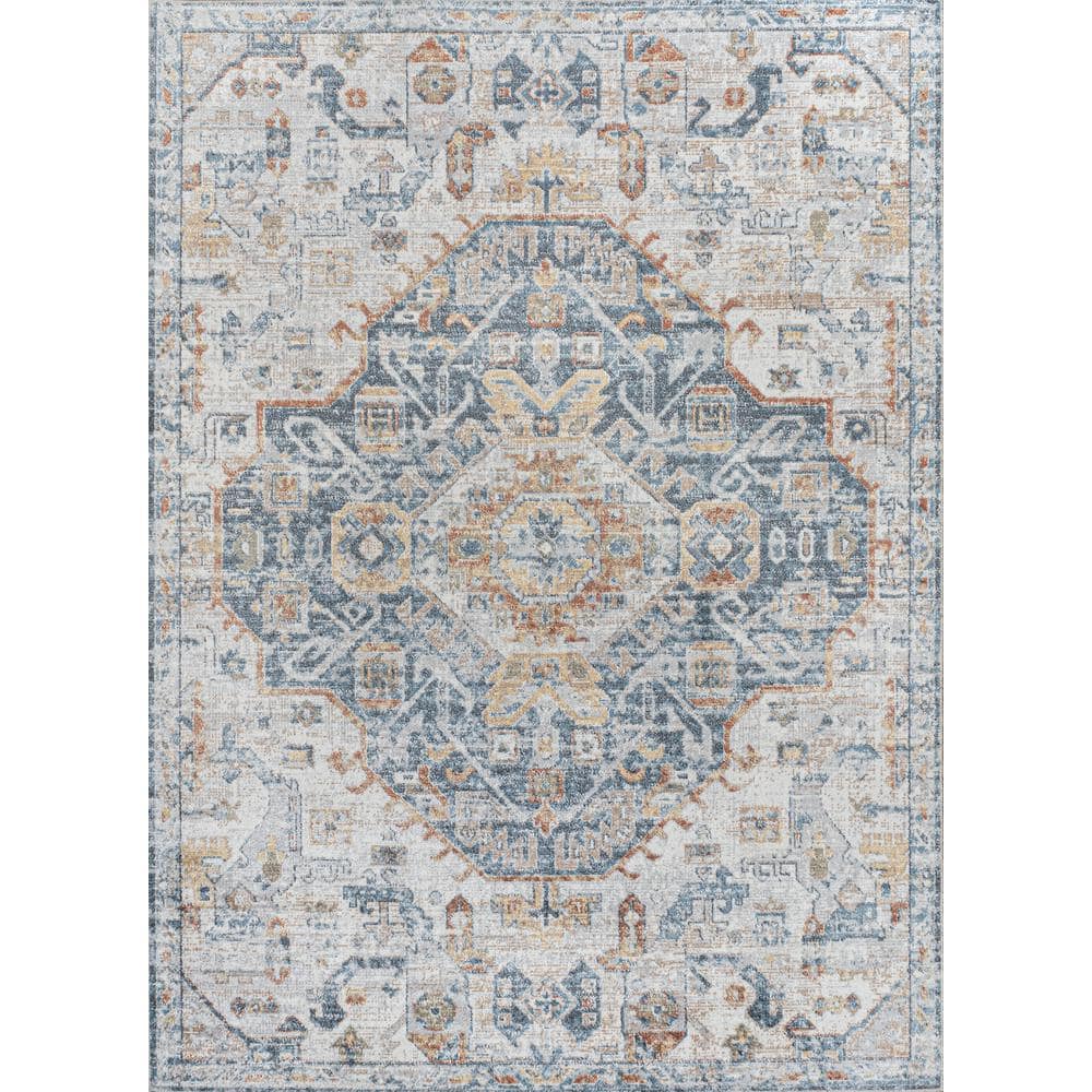 Cream and Blue Medallion Washable Synthetic Area Rug 3' x 5'