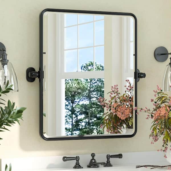KeonJinn 20 in. W x 24 in. H Rectangular Framed Tilt Wall Bathroom Vanity Mirror in Black Pivot Aluminum Framed Mirror Wall Mount