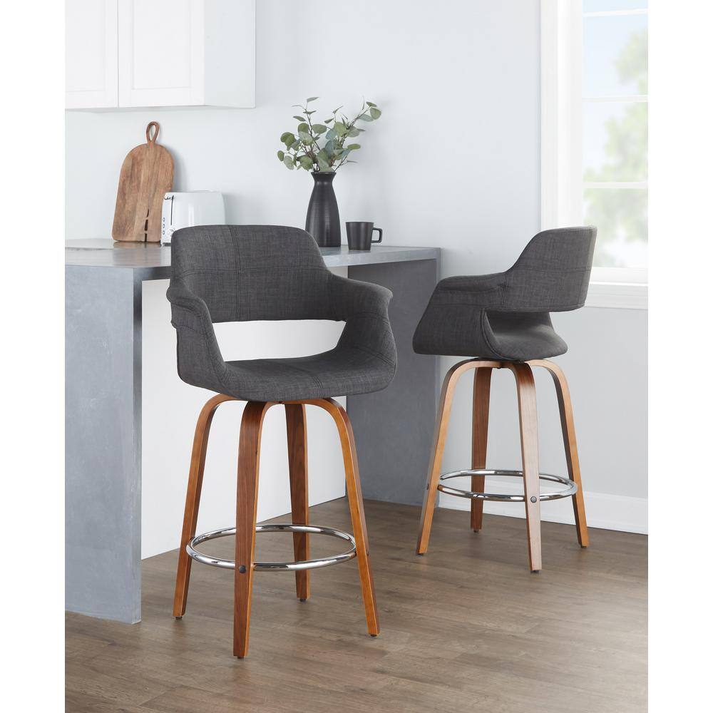 Set of 2 Dark Gray Swivel Walnut Wood Counter Stools
