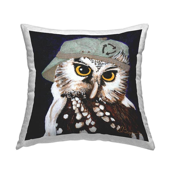 Owl in Baseball Cap Black Square Outdoor Throw Pillow