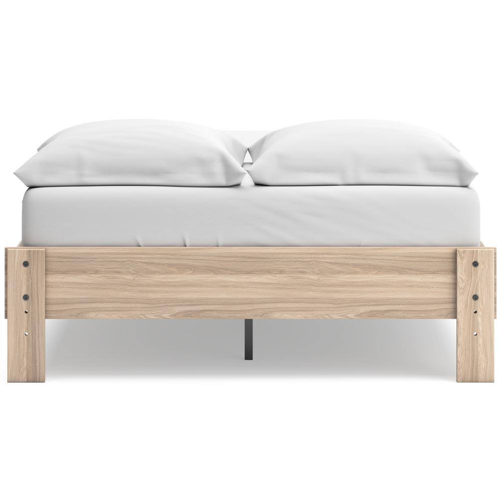 Battelle Full Oak Wood Frame Platform Bed with Upholstered Headboard