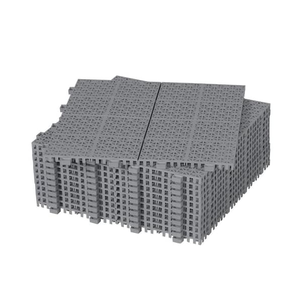 Gray 12 in. x 12 in. x 0.43 in. Thick Plastic Interlocking Deck Tiles Rosette Pattern Anti-Slip 12 sq. ft. (12-Pack)
