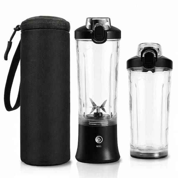 Black 20 oz. Portable Blender Bottle with Stainless Steel Blades and Insulated Sleeve for Smoothies and Shakes