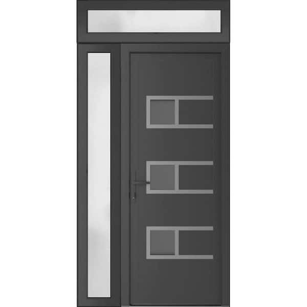 42 in. x 94 in. Right-Hand/Inswing Frosted Glass Antracite Grey Steel Prehung Front Door with Hardware