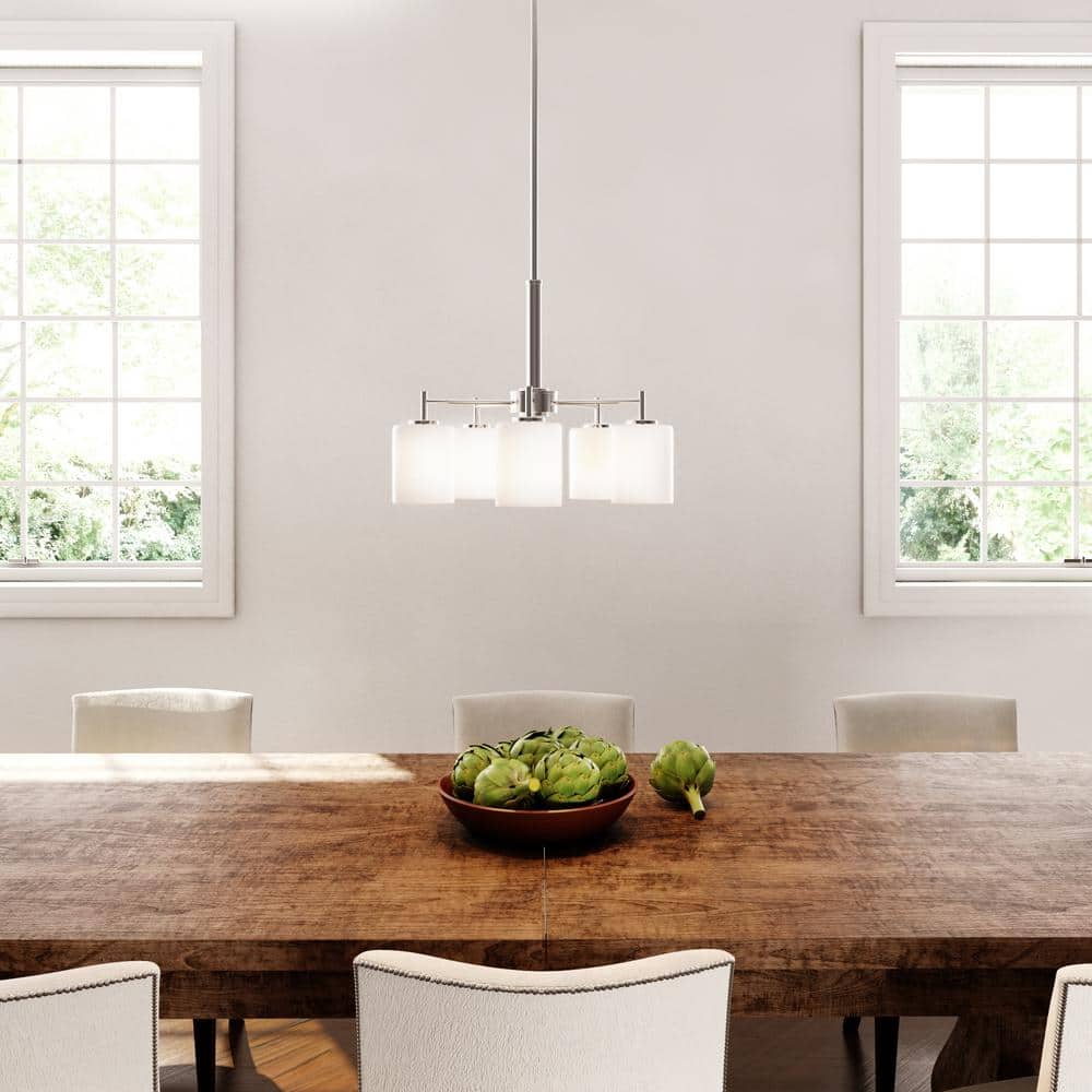 Polished Nickel 5-Light Chandelier with White Glass Shades
