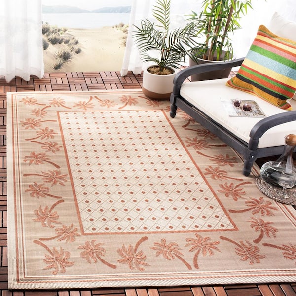 Courtyard Ivory/Rust 8 ft. x 11 ft. Floral Indoor/Outdoor Patio  Area Rug