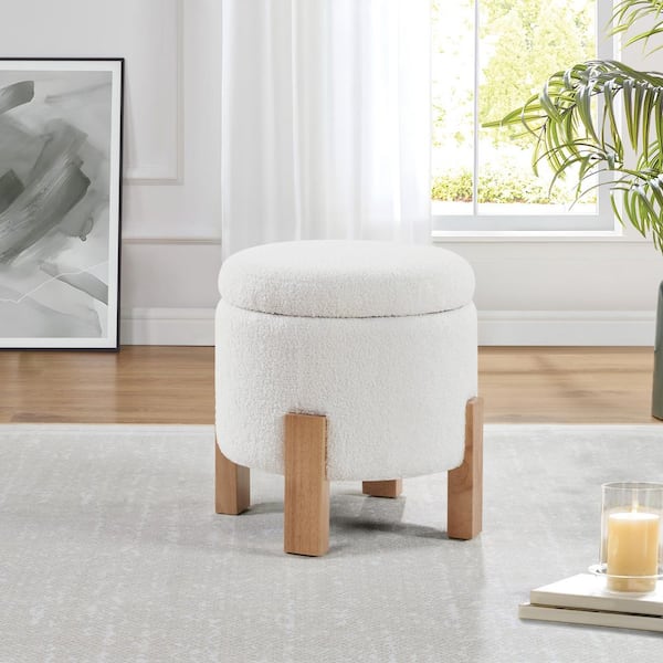 Annie Storage Ottoman in Ivory Sherpa Polyester Fabric with Natural Finish Legs