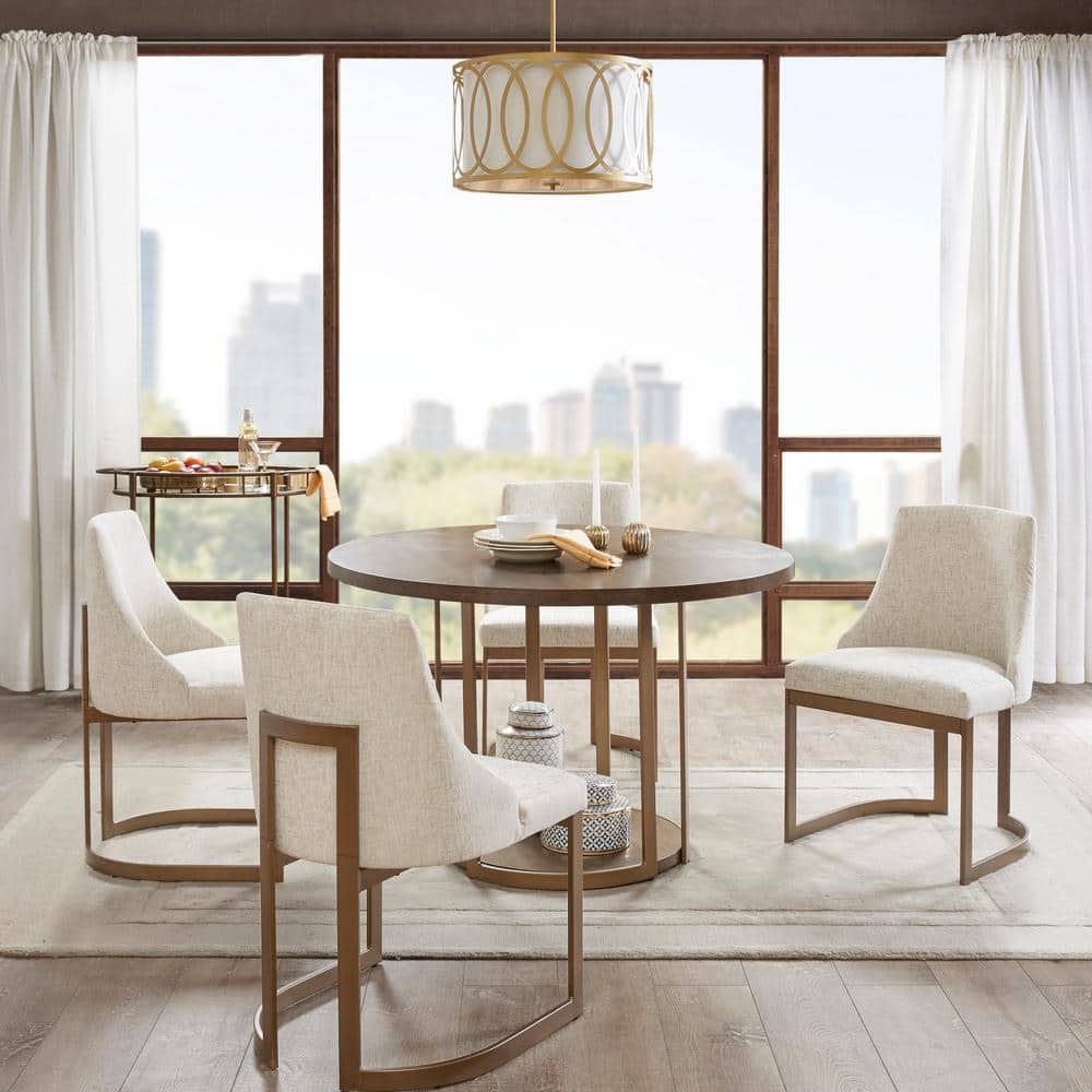 Cream Upholstered Parsons Dining Chairs with Antique Gold Metal Frame, Set of 2