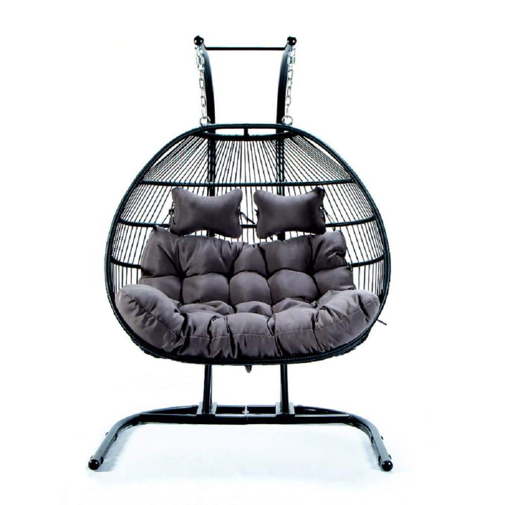 2-Person Black Frame Metal Folding Patio Swing With Anthracite Gary Cushion
